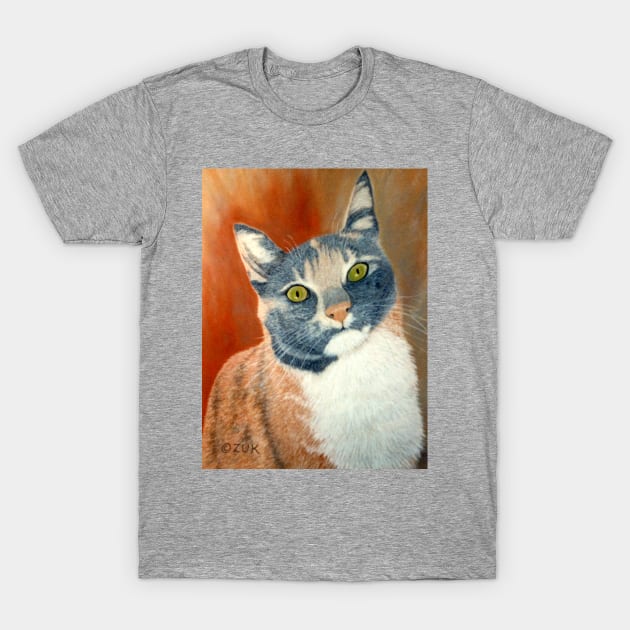 Calico Cat Pastel Portrait in Grey, White and Orange T-Shirt by KarenZukArt